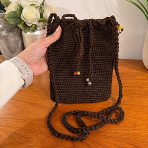 Handmade Crocheted Drawstring Crossbody BOHO Bag Purse in Dark Brown